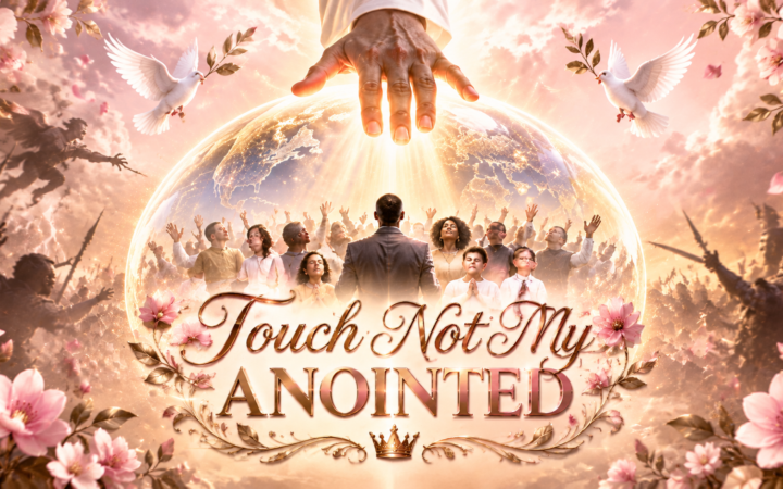 Touch not my anointed with God's hand over worshipping believers inside glowing globe with doves and pink flowers