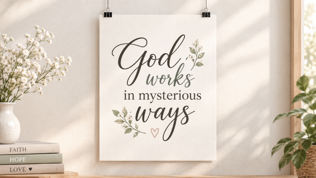 God works in mysterious ways with floral design and faith quote