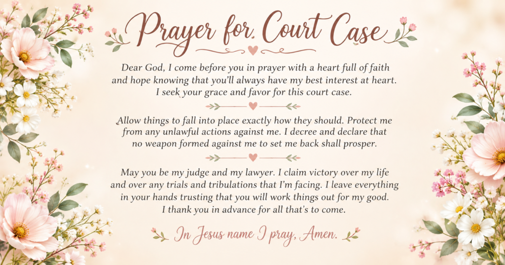 Prayers for court cases with pink and white flowers and prayer text seeking God's grace favor protection and victory in Jesus name