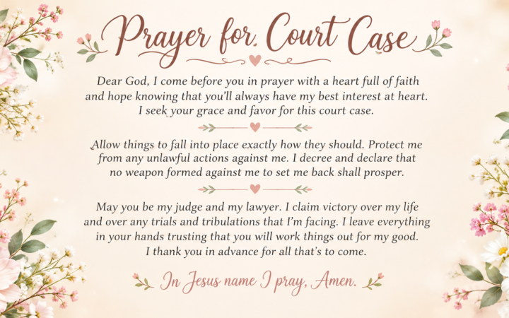 Prayers for court cases with pink and white flowers and prayer text seeking God's grace favor protection and victory in Jesus name