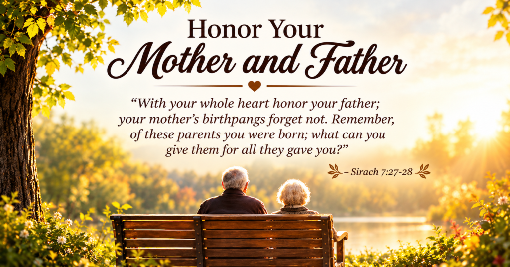 Bible verse about honoring mother and father elderly couple sitting on bench by lake
