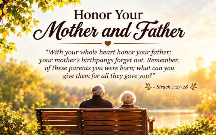 Bible verse about honoring mother and father elderly couple sitting on bench by lake
