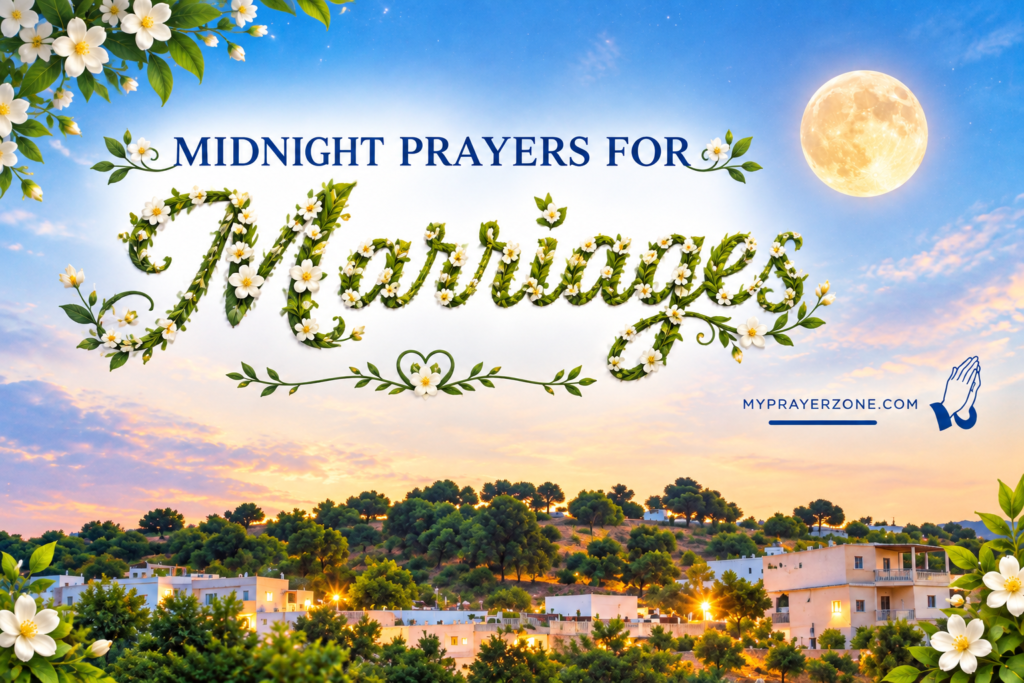 Midnight prayers for marriage with full moon white flowers green leaves and glowing village night sky background