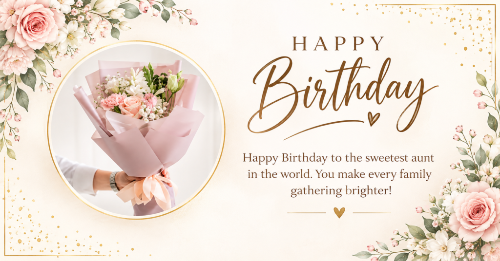Happy Birthday Aunty Message with a pink rose bouquet, elegant floral decorations, and a heartfelt birthday wish for a special aunt.