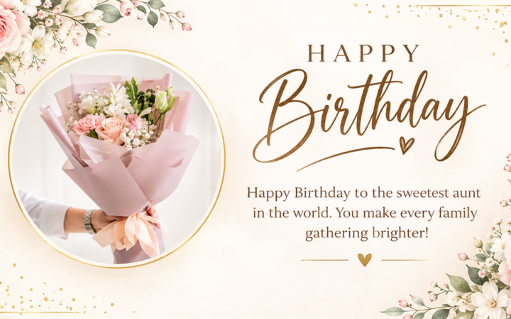 Happy Birthday Aunty Message with a pink rose bouquet, elegant floral decorations, and a heartfelt birthday wish for a special aunt.