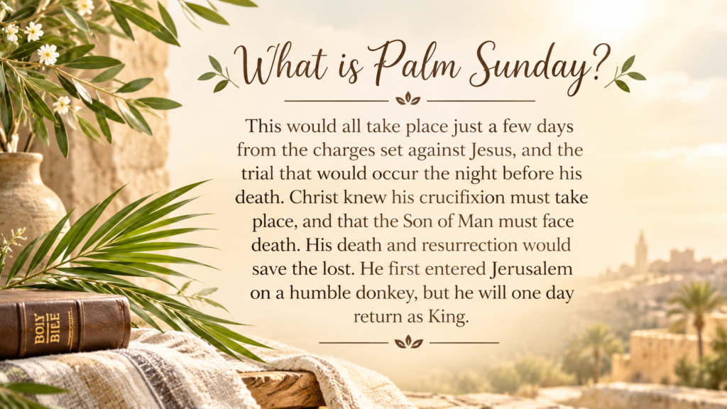 What is Palm Sunday with palm branches, Holy Bible, and Jerusalem background