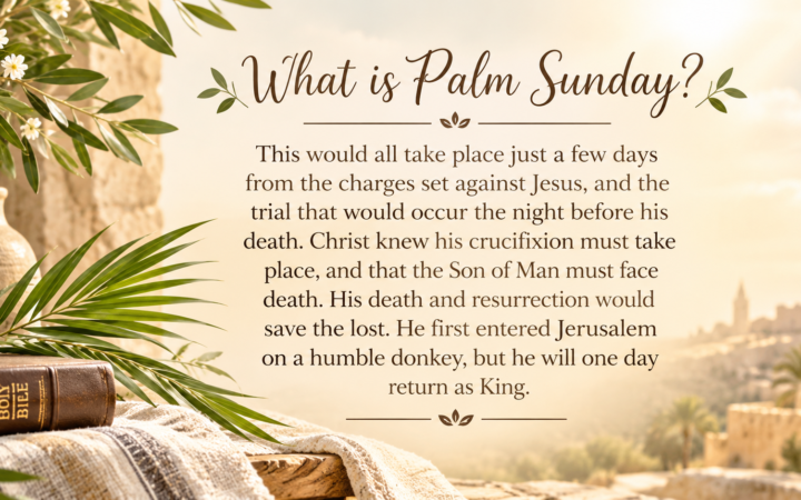 What is Palm Sunday with palm branches, Holy Bible, and Jerusalem background