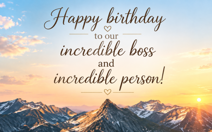Happy birthday wishes for boss featuring an elegant birthday greeting over snow-covered mountains and a beautiful golden sunset sky.