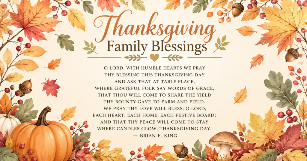 Thanksgiving Family Blessings with autumn leaves, pumpkins, and a heartfelt Christian Thanksgiving prayer
