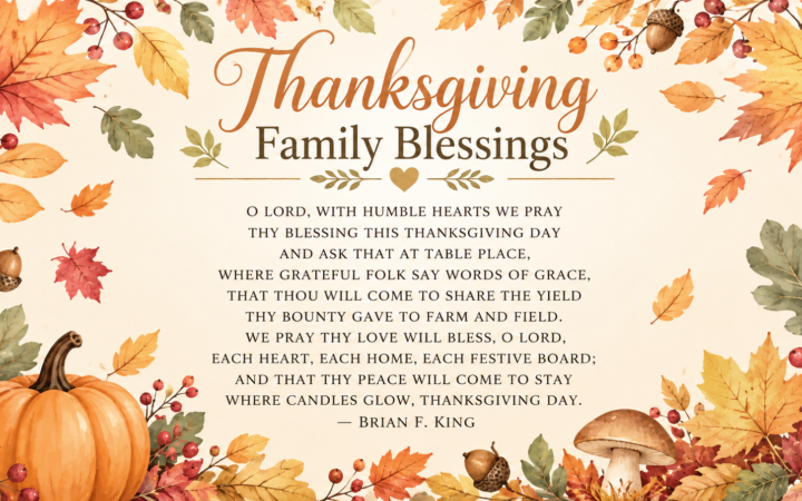 Thanksgiving Family Blessings with autumn leaves, pumpkins, and a heartfelt Christian Thanksgiving prayer