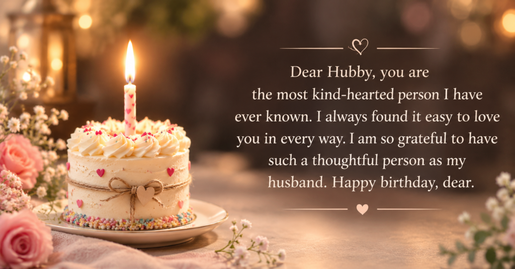 Heartfelt birthday message to husband displayed beside a candlelit birthday cake decorated with pink hearts and roses.
