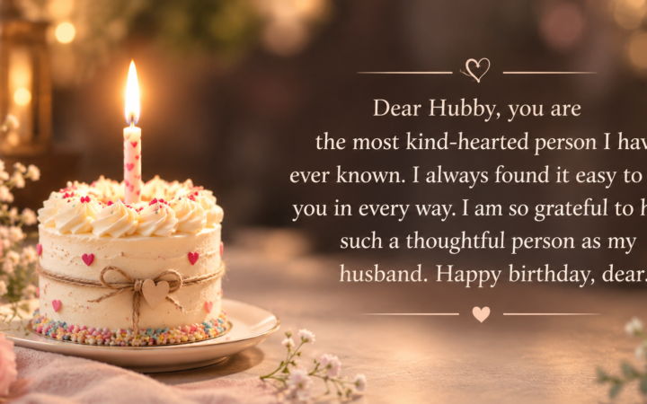 Heartfelt birthday message to husband displayed beside a candlelit birthday cake decorated with pink hearts and roses.