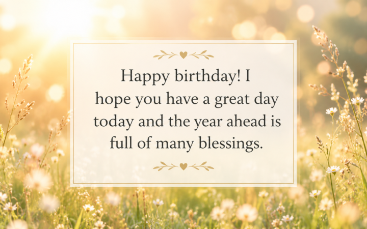 Best birthday wishes greeting card with a heartfelt message wishing happiness and blessings, surrounded by golden sunlight and white wildflowers.