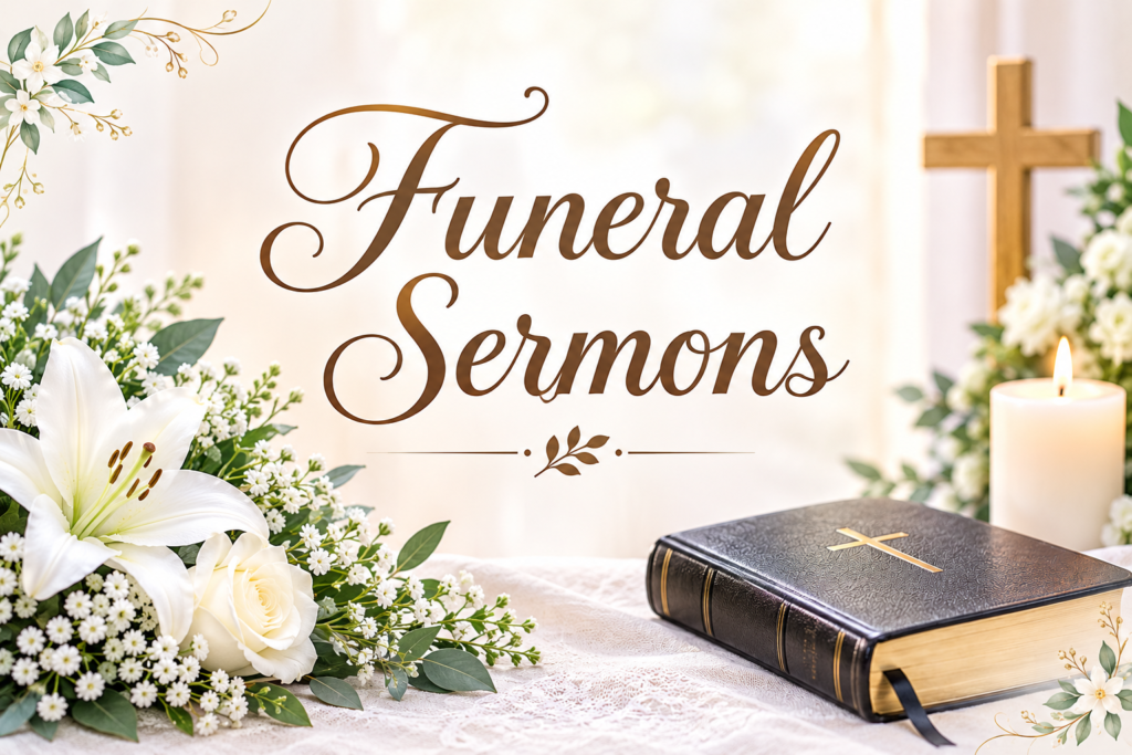 Funeral sermons with Holy Bible, cross, candle, and white flowers
