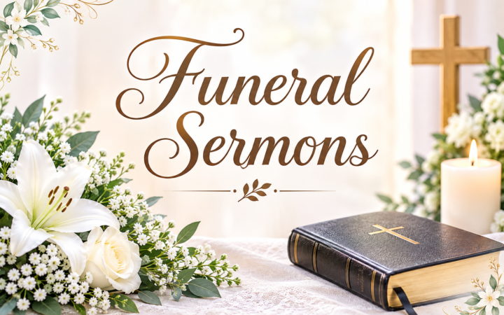 Funeral sermons with Holy Bible, cross, candle, and white flowers