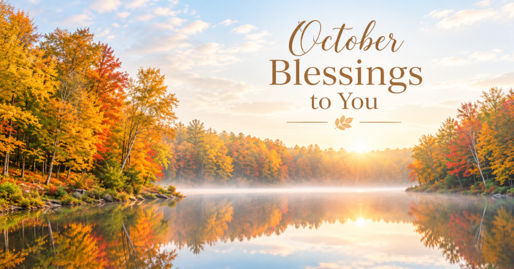 October Blessings to You text over a peaceful autumn lake with colorful fall trees, golden sunrise, and beautiful reflections.