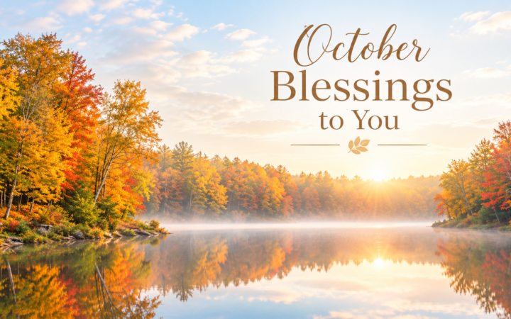 October Blessings to You text over a peaceful autumn lake with colorful fall trees, golden sunrise, and beautiful reflections.