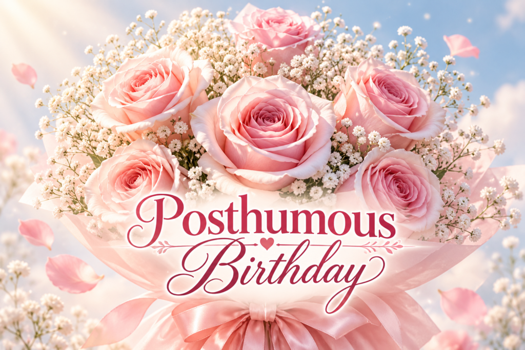 Posthumous birthday remembrance with soft pink roses, delicate white flowers, and a heartfelt memorial design