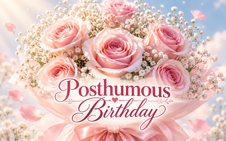Posthumous birthday remembrance with soft pink roses, delicate white flowers, and a heartfelt memorial design
