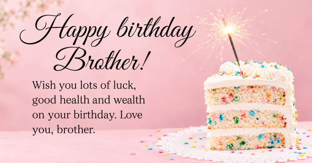 Happy birthday wishes for brother featuring a pink birthday card, vanilla sprinkle cake, glowing sparkler, and heartfelt birthday message.