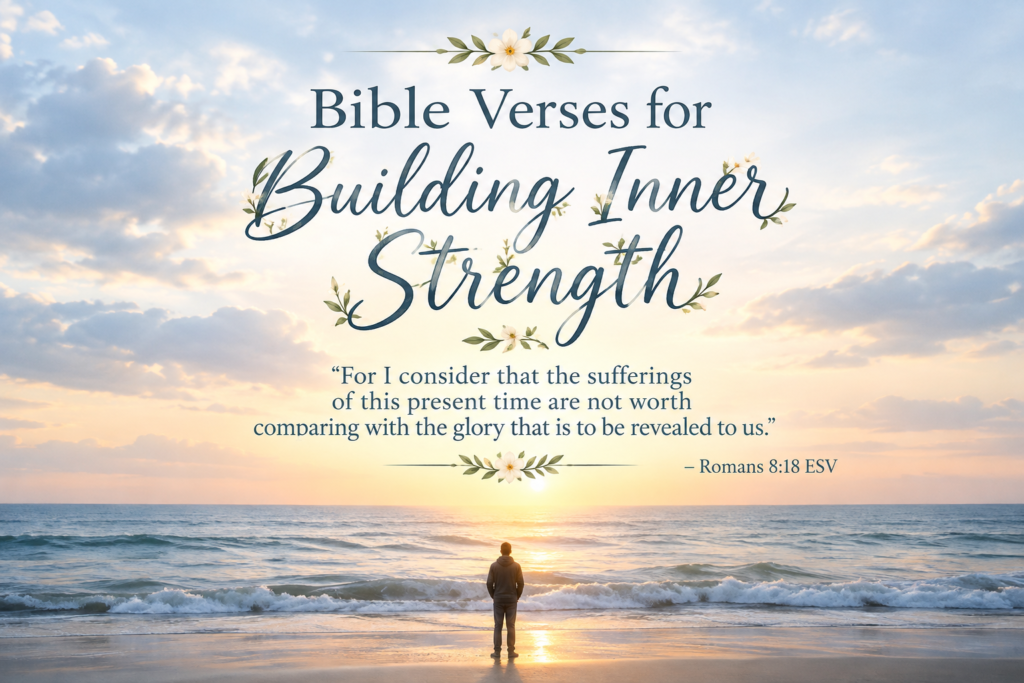 Bible verses for building inner strength with Romans 8:18 at a peaceful ocean sunrise