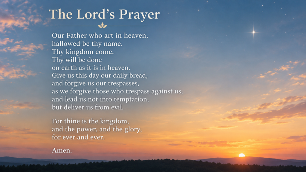 Our Father prayer full text displayed over a peaceful sunset sky with stars and mountain silhouettes.