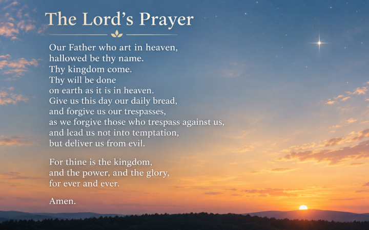 Our Father prayer full text displayed over a peaceful sunset sky with stars and mountain silhouettes.