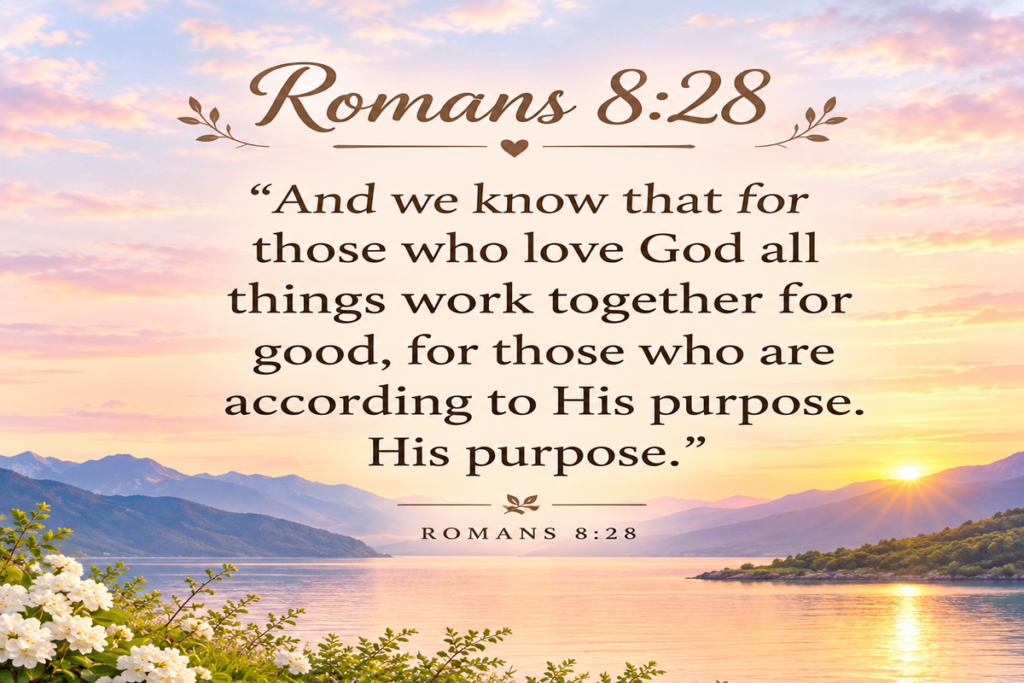 Romans 8:28 meaning with Bible verse about God working all things for good